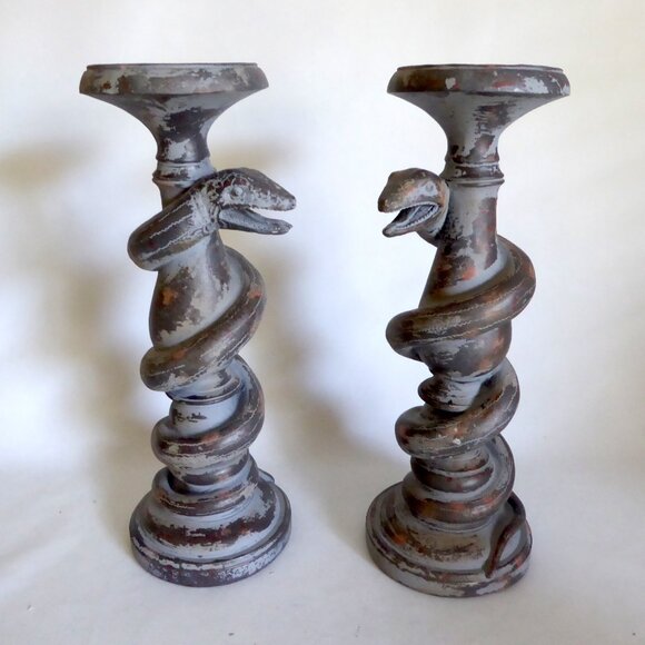 13.75” HOLIDAY BARN GOTHIC HALLOWEEN SERPENT COILED SNAKE CANDLE STICK HOLDERS - Picture 2 of 13